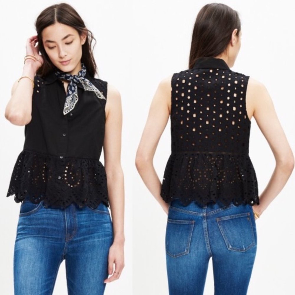 MADEWELL Eyelet-Mix  Button Down Short Sleeve Top